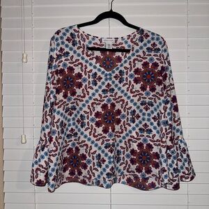 Adrienne Vittadini Floral V-Neck Blouse - Red and Blue
